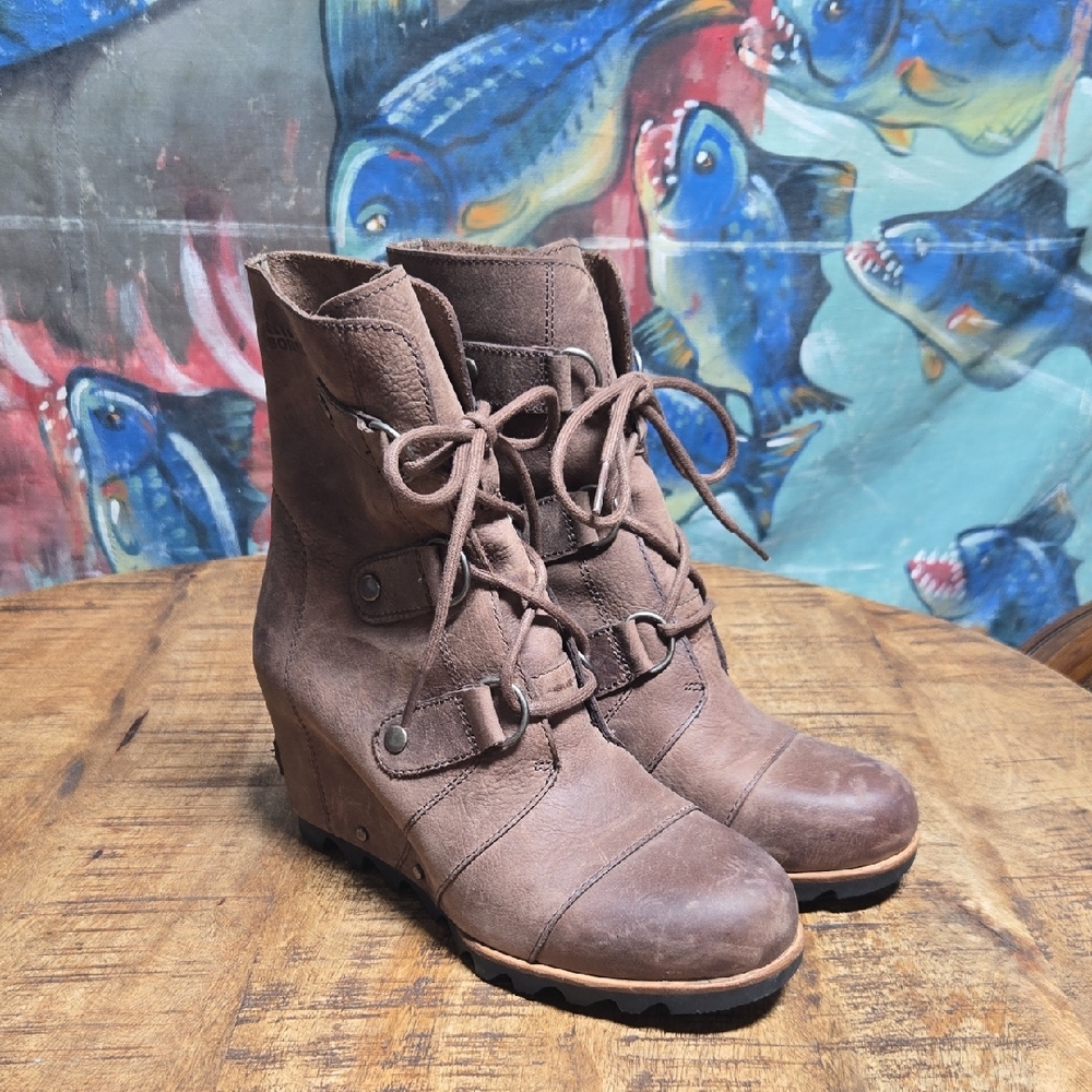 Sorel Brown Lace-Up Wedge Boots